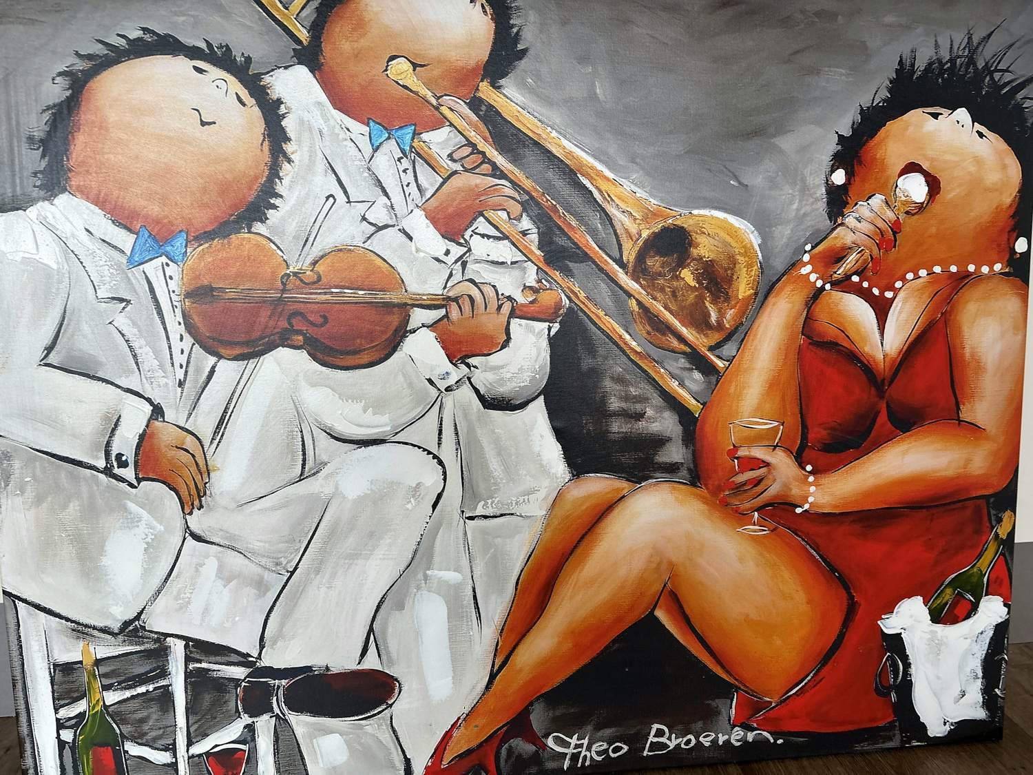 Theo Broeren - Glicée met acryl op doek ‚ Muziek spelen‘ (ZEER GROOT) kopen? Bied vanaf 145!
