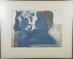 Cees Landsaat - Ets, Een meisje, een poes en twee bloemen - Ingelijst kopen? Bied vanaf 1!
