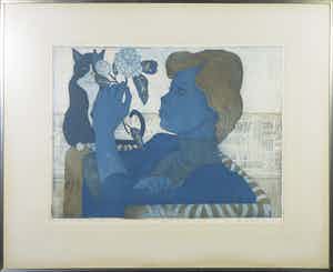 Cees Landsaat - Ets, Een meisje, een poes en twee bloemen - Ingelijst verkocht voor € 1!