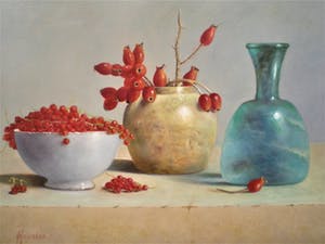 Hans Habraken - Stilleven met blauwe kan rozenbottels en besjes kopen? Bied vanaf 669!