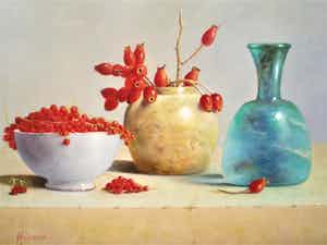 Hans Habraken - Stilleven met blauwe kan rozenbottels en besjes verkocht voor € 669!