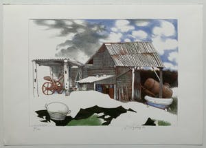 Nicolaas Wijnberg - kleurenlitho - 'Boers tafereel met badkuip' - 1982 kopen? Bied vanaf 70!