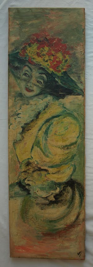 Niet of onleesbaar gesigneerd - Olieverf op doek, Vrouw met bloemetjeshoed – 100 x 30 cm - oud kopen? Bied vanaf 1!