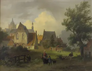 Bartholomeus Johannes van Hove - Olieverf op paneel, Figuren tegen achtergrond van de stad Den Bosch - Ingelijst kopen? Bied vanaf 1500!