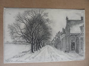 Louis Landre - Potlood met houtskooltekening, Oude bomen langs de dijk van Buiksloot. kopen? Bied vanaf 25!