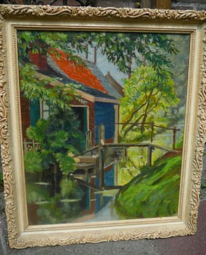 Augustinus van der Linde - Boeren woning aan beek -olieverf- kopen? Bied vanaf 65!