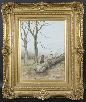 Anton Mauve (sr.) - Aquarel en gouache, Twee houthakkers - Ingelijst kopen? Bied vanaf 2660!