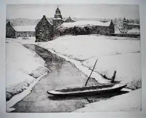 Willem Witjens - boot in sneeuwlandschap - ingelijste grote, heldere ets verkocht voor € 60!