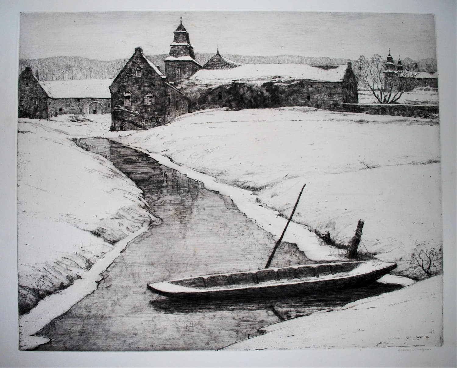 Willem Witjens - boot in sneeuwlandschap - ingelijste grote, heldere ets verkocht voor € 60!