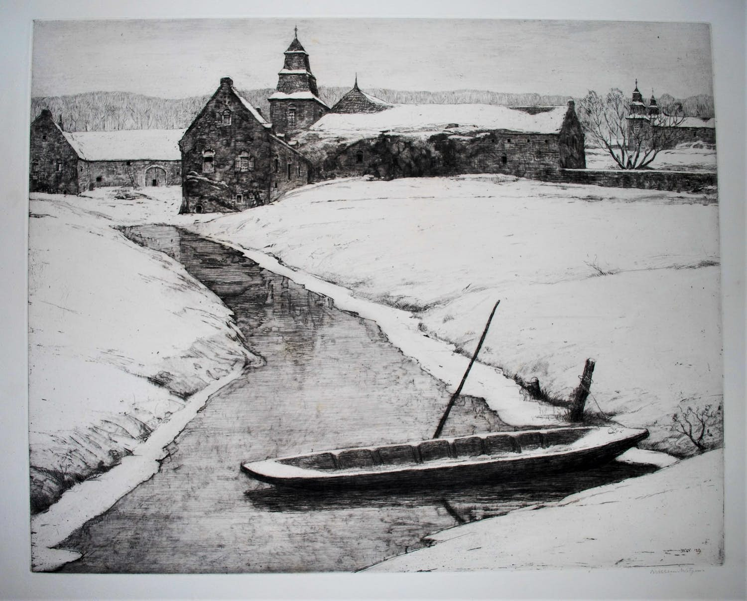 Buy Willem Witjens - boot in sneeuwlandschap - ingelijste grote, heldere ets? Bid from 60!