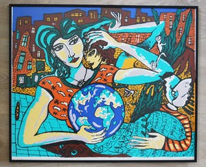 Fabrice Hund - Straatscene met vrouw en wereldbol - zeefdruk kopen? Bied vanaf 35!