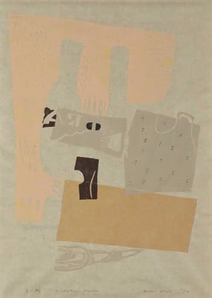 Marjolein Menke - Lino en collage op Japans papier, Zonder titel kopen? Bied vanaf 35!