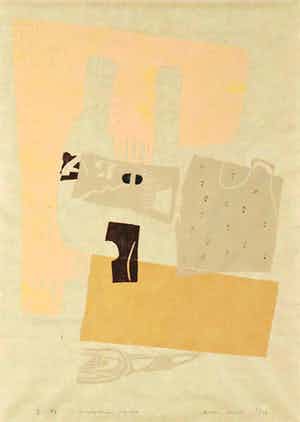 Marjolein Menke - Lino en collage op Japans papier, Zonder titel verkocht voor € 35!