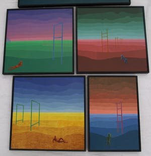 Niet of onleesbaar gesigneerd - Surrealistisch 5-Luik uit 1971 - Acrylverf op board - ingelijst kopen? Bied vanaf 1!