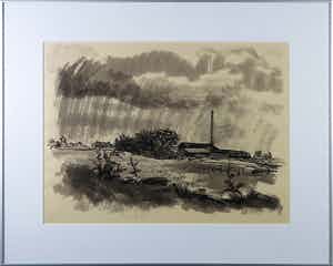 Rinus van der Neut - Inkt op papier, Steenfabriek Gameren - Ingelijst verkocht voor € 50!