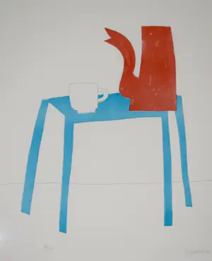 Klaas Gubbels - Litho - Rode kan op blauwe tafel Nr.94 - Geheel nieuw ingelijst kopen? Bied vanaf 550!