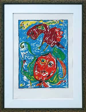 Carl-Henning Pedersen - Litho: 'Himmellasten' - Ingelijst verkocht voor € 345!