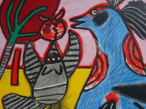 Corneille - Recontre- blauwe vogel in gesprek met grijze vogel- zeefdruk- kleurenlitho kopen? Bied vanaf 150!