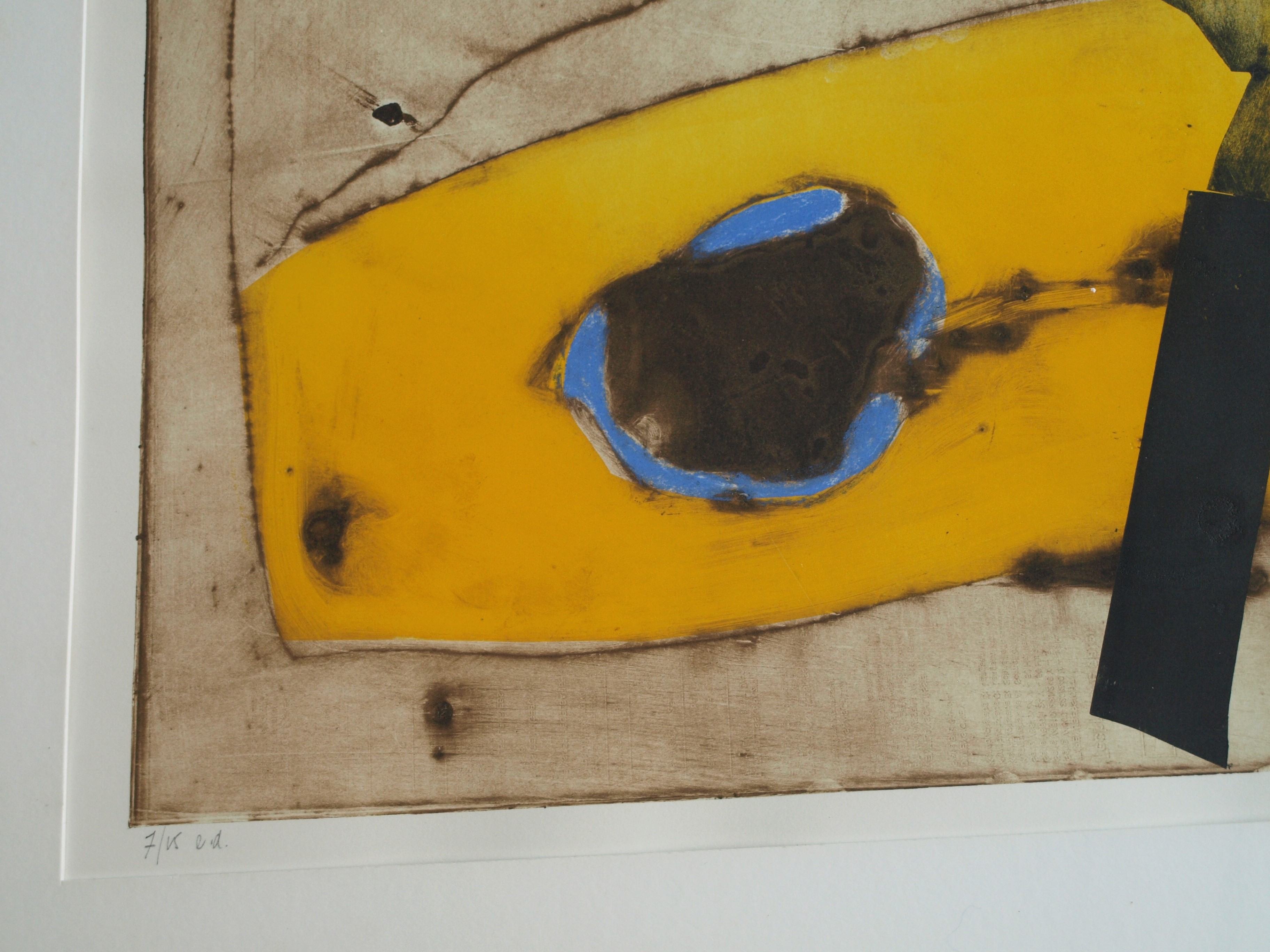 Anneke van der Mandele - Ets , Compositie met Geel - gesigneerd & ingelijst - 1995 kopen? Bied vanaf 45!