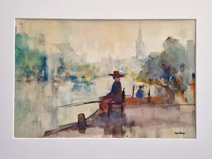 Buy Geert Geerligs - omstreeks 1950 impress. geschilderde aquarel "vissen aan een stadsgracht"? Bid from 61!