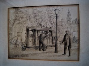 Niet of onleesbaar gesigneerd - Leuke oude tekening "Orgelman op Noordermarkt Amsterdam" gesigneerd kopen? Bied vanaf 1!