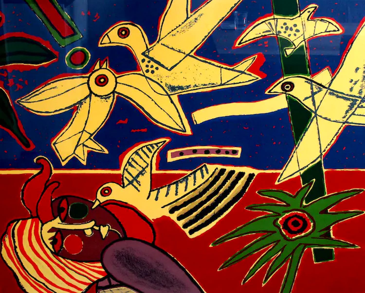 Corneille - zeer grote kleurenzeefdruk: Vol D'oiseaux - 1998 (nette lijst!) verkocht voor € 1250!