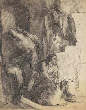 Niet of onleesbaar gesigneerd - Houtskooltekening, Twee figuren in een grot kopen? Bied vanaf 1!