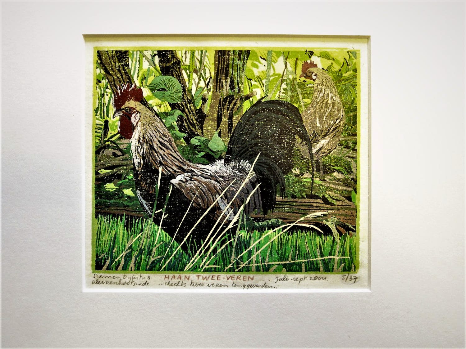 Siemen Dijkstra - Fraaie (12 gangen) Kleur Houtsnede "Haan twee Veren" oplage 37ex - 2004 kopen? Bied vanaf 189!