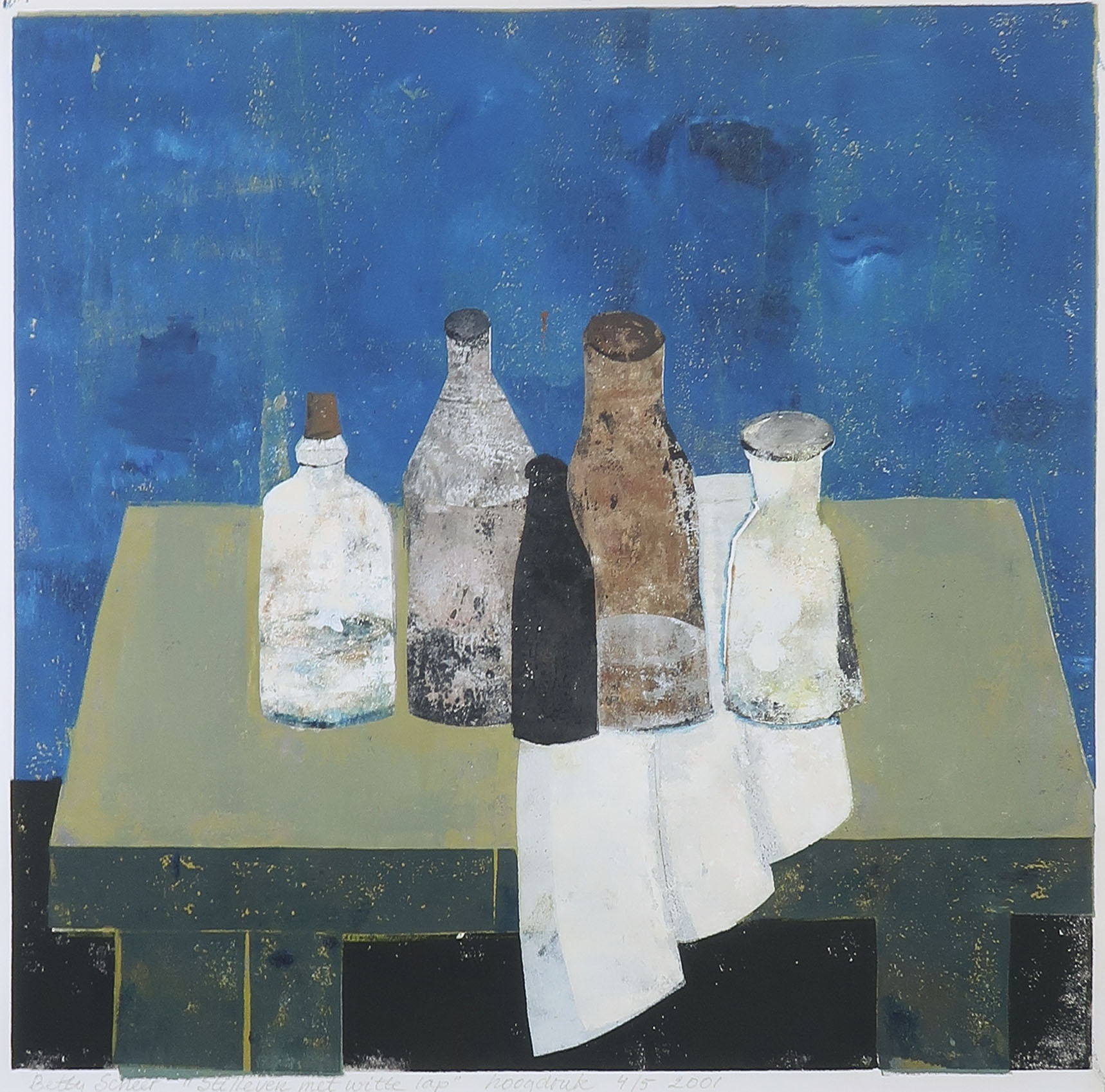 Betty Scheer - Linosnede, Stilleven met witte lap - Ingelijst kopen? Bied vanaf 40!