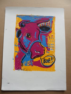 Peter Klashorst - Zeefdruk, titel. 'De verbaasde koe kopen? Bied vanaf 35!