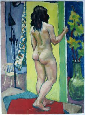 Niet of onleesbaar gesigneerd - Acrylverf op karton , “Naakt in huis” verkocht voor € 1!