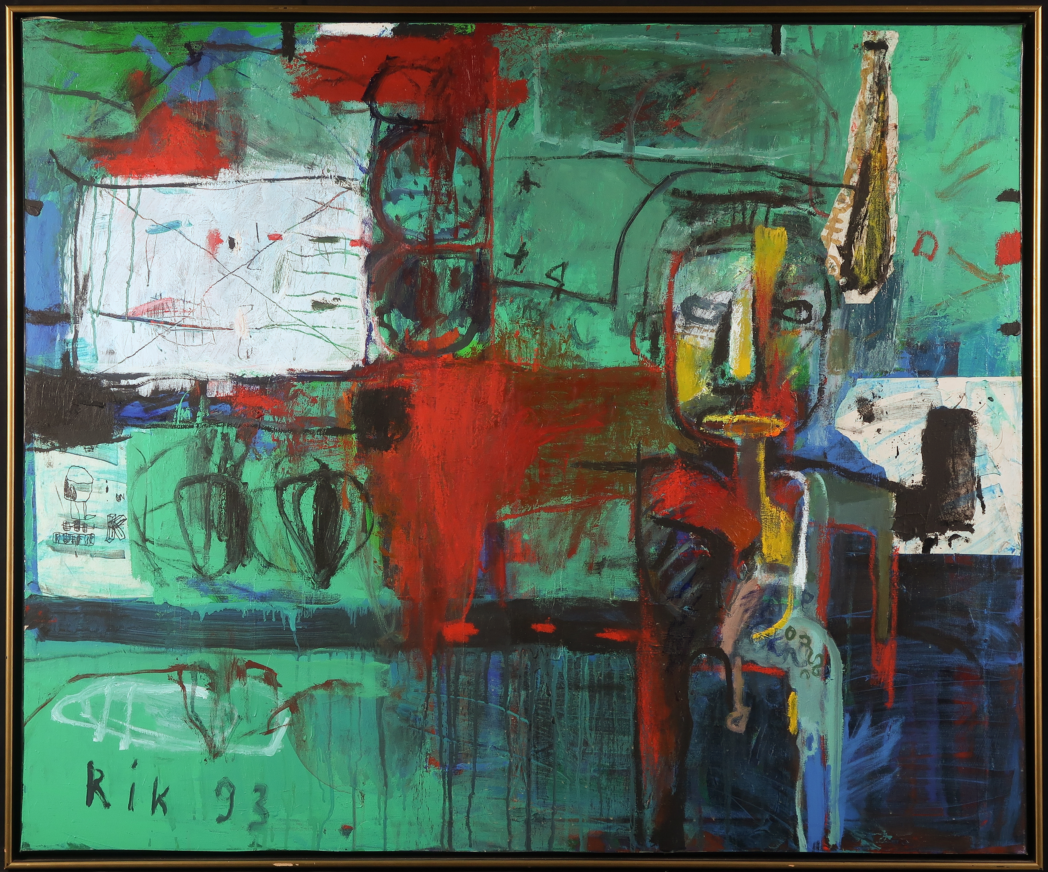 Rik van Iersel - Acryl en collage op doek, Twee figuren - Ingelijst (Groot) verkocht voor € 1000!