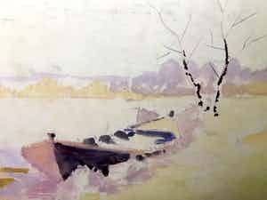 Dirk Twaalfhoven - Sloep in Rivier - Aquarel, Ingelijst verkocht voor € 50!