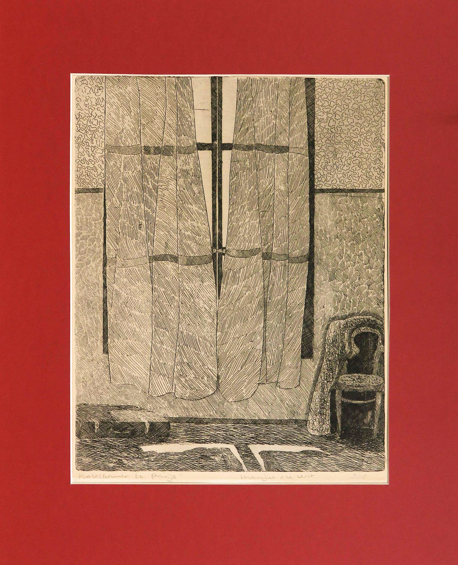 Marijke de Wit - Hotelkamer te Parijs, Ets in rood passe-partout kopen? Bied vanaf 25!