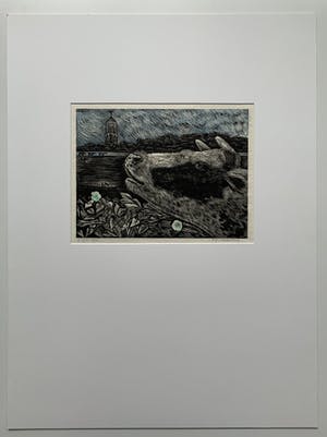 Arja van den Berg - linosnede - 'Koe in landschap' - 1992 kopen? Bied vanaf 80!