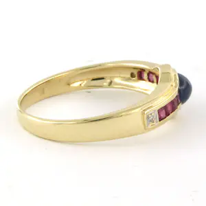 14k geel gouden ring bezet met robijn en saffier en diamant - ringmaat 17.5(55) kopen? Bied vanaf 145!