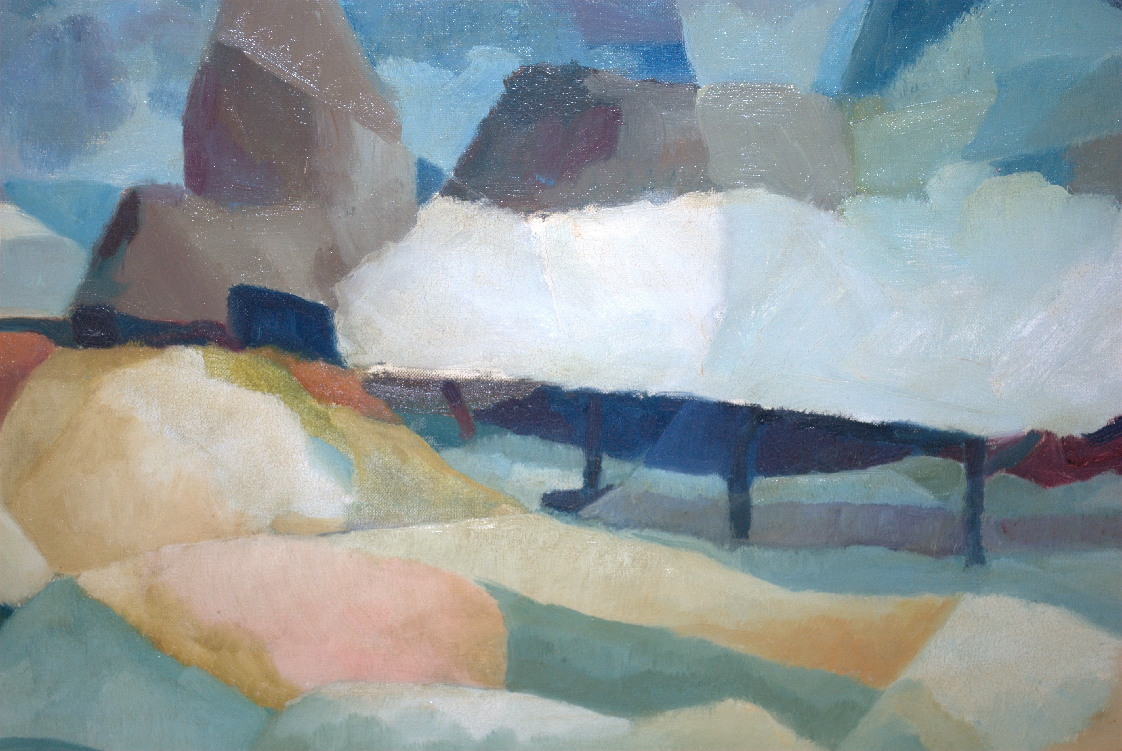 Niet of onleesbaar gesigneerd - abstract landschap met kerk - olieverf 50x70 cm kopen? Bied vanaf 1!