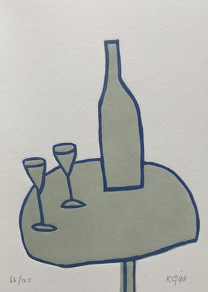 Klaas Gubbels - linosnede ‘Tafel met fles en glazen’ uit 1998 - oplage 125. kopen? Bied vanaf 195!