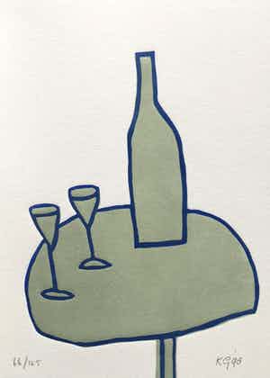 Klaas Gubbels - linosnede ‘Tafel met fles en glazen’ uit 1998 - oplage 125. verkocht voor € 195!