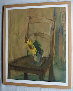 Bob ten Hoope - Ingelijste aquarel , Zonnebloem op Stoel – Lijst, 58 x 48 cm. kopen? Bied vanaf 1!