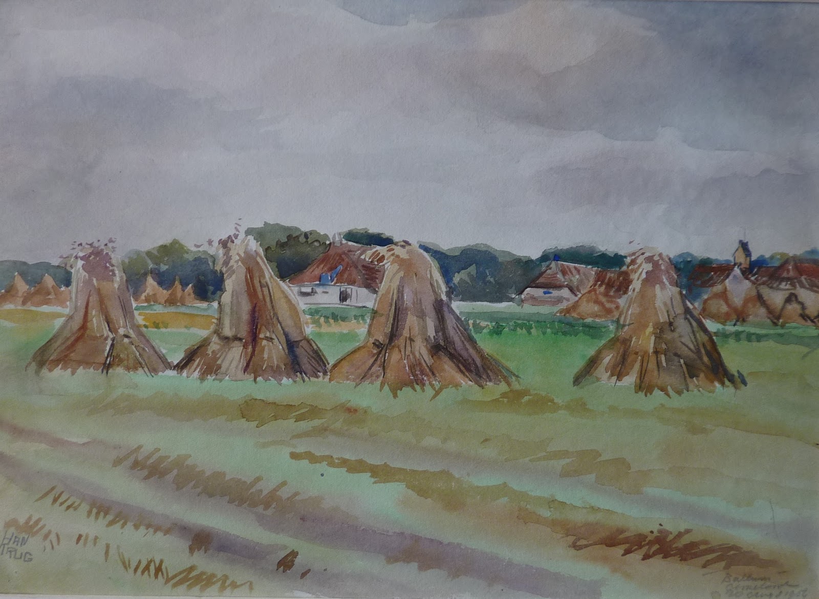 Han Krug - Aquarel "Ballum Ameland" 20 Augustus 1954 verkocht voor € 35!