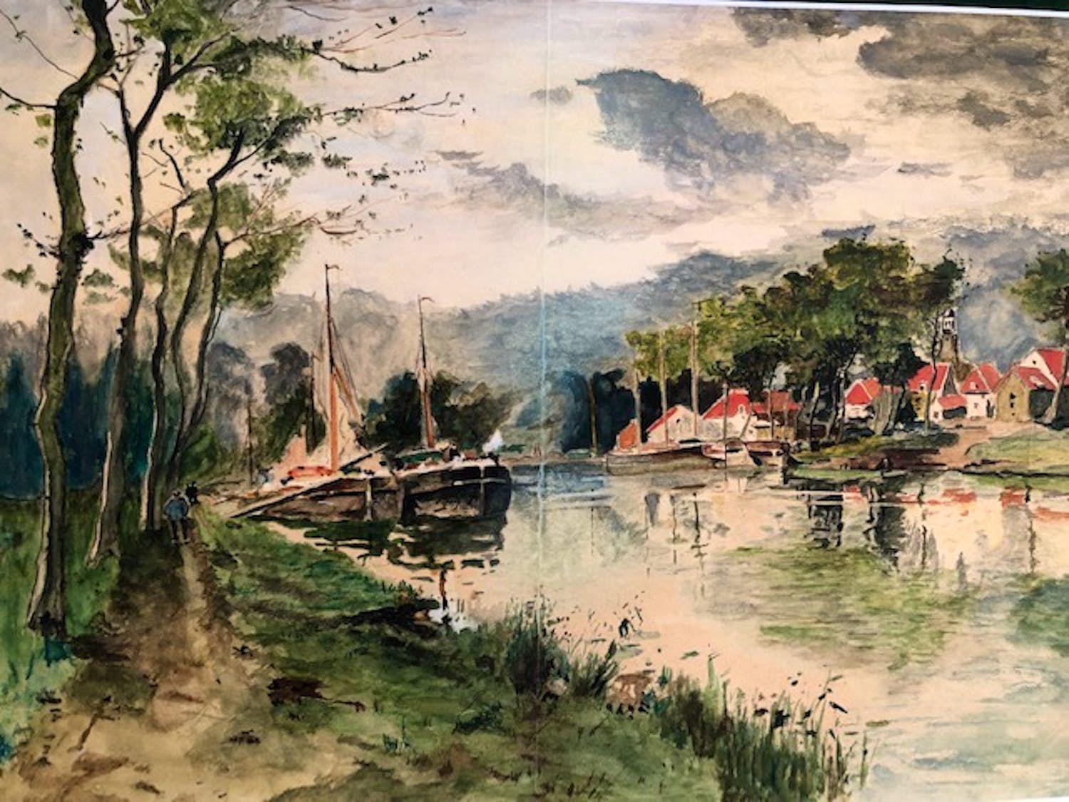 Clement Bezemer - zicht op dorpje aan rivier met afgemeerde boten (in dubbel passe partout) kopen? Bied vanaf 30!