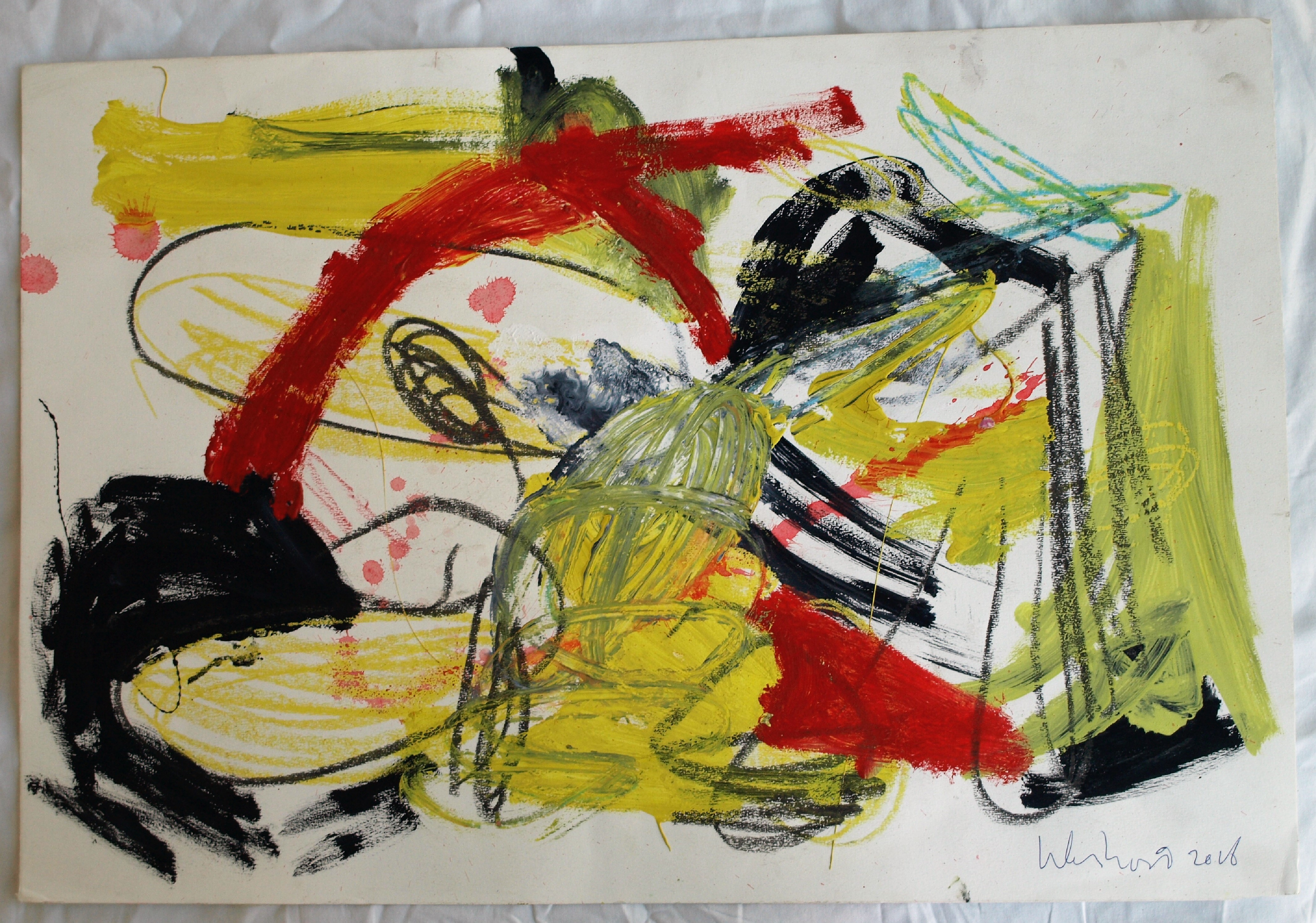 Peter Klashorst - Gemengde techniek op papier – Abstract met rood, geel en zwart - 2016 kopen? Bied vanaf 35!