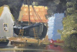 Jan Kelderman - Edam haven met scheepswerf - groot olieverfschilderij, ingelijst kopen? Bied vanaf 60!