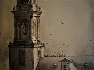 Piet Spijker - Mooie verstilde Gemengde Techniek voorstelling "Amsterdam Jordaan Westertoren" kopen? Bied vanaf 1!