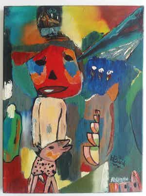 Niet of onleesbaar gesigneerd - Figuur en hond in Cobra stijl. verkocht voor € 10!