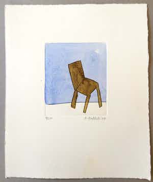 Klaas Gubbels - ets met aquarel ingekleurd - ‘Stoel in interieur’ - 2004 verkocht voor € 245!