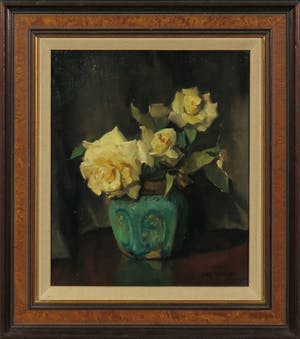 Jan Franken - Olieverf op doek, Stilleven met witte rozen in gemberpot - Ingelijst kopen? Bied vanaf 300!