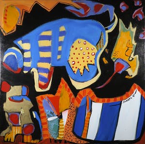 Miriam Slaats - Acryl op doek, Met z'n allen springen we uit de band - Ingelijst (Zeer groot) kopen? Bied vanaf 500!