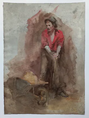 Herman Heijenbrock - Arbeider met kruiwagen, aquarel kopen? Bied vanaf 1!